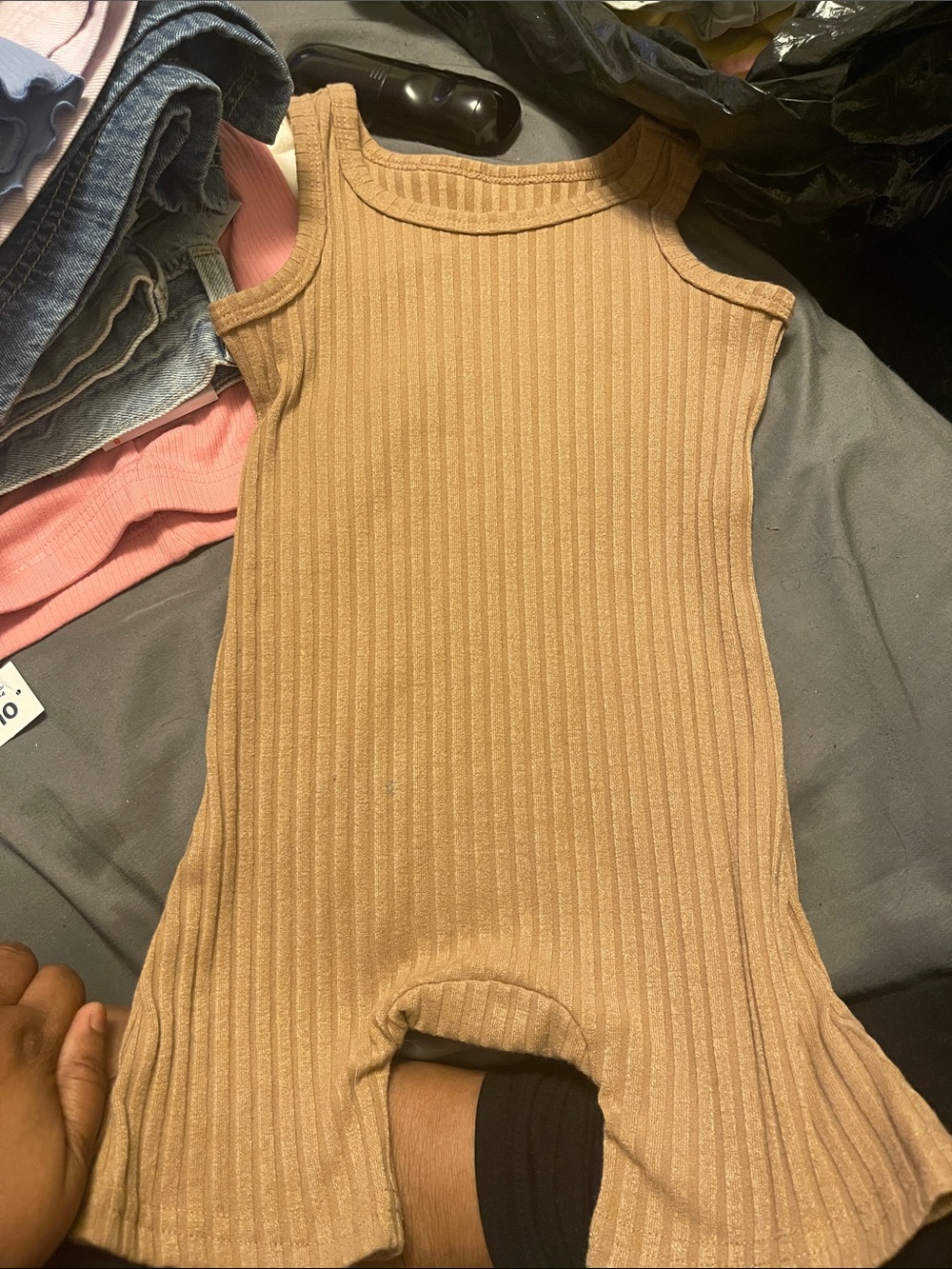 Kids Ribbed Tank One-Piece Romper in Camel
